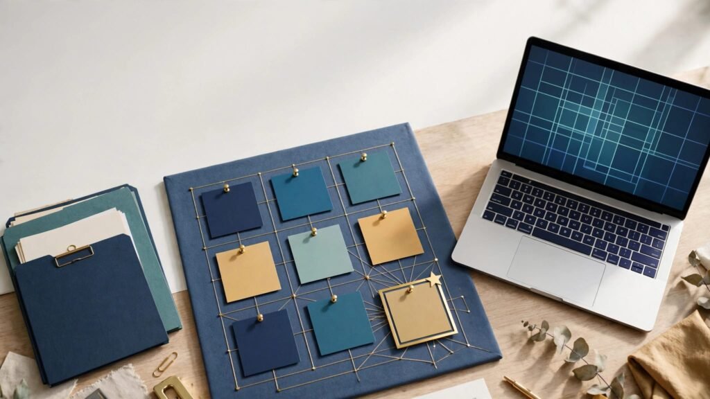 A decision board with colored cards, connecting lines, folders, and a laptop.