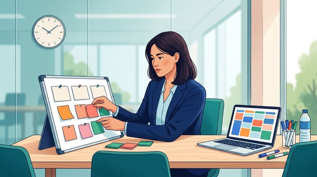 A facilitator organizes agenda cards, sticky notes, markers, and a laptop on a conference table.