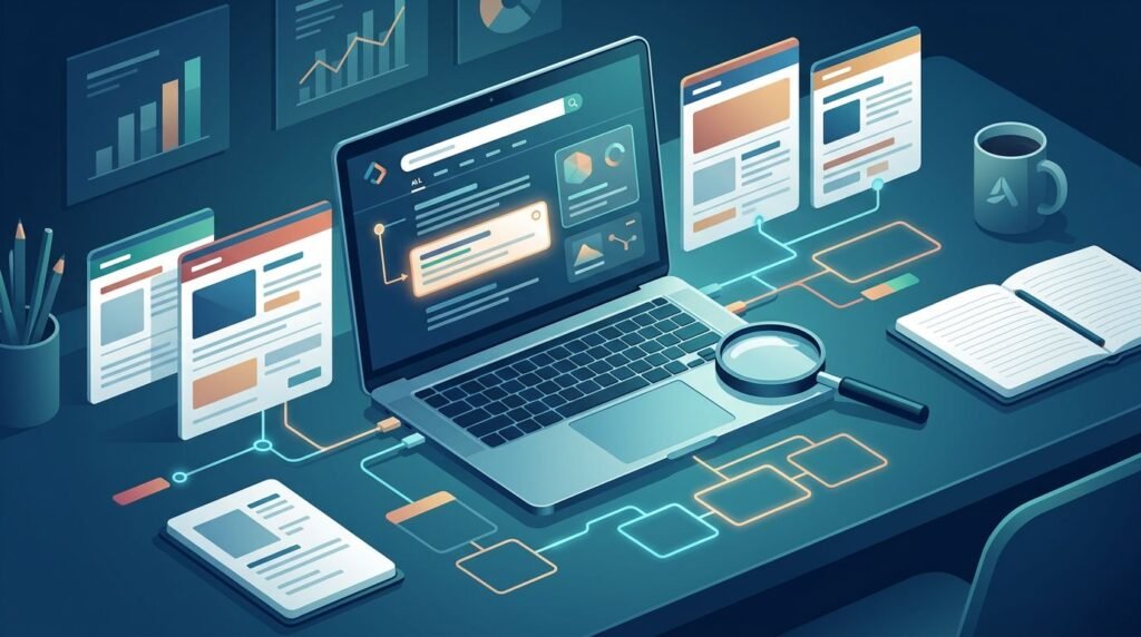 Laptop and competitor panels show highlighted gaps in a blue SEO workspace.