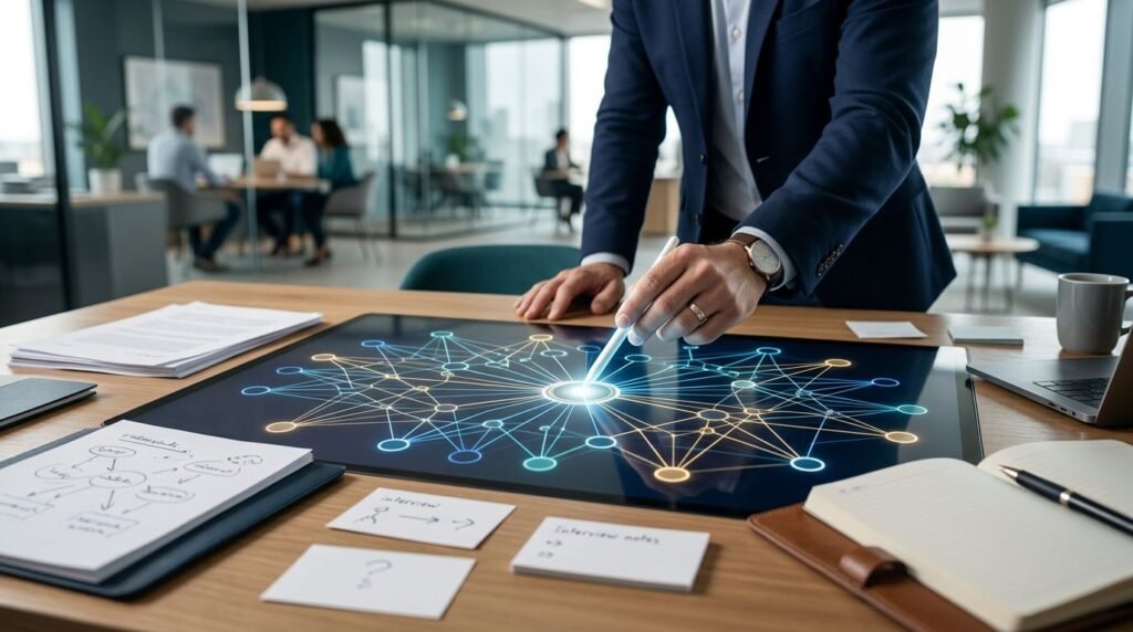 A hand highlights a central node in a glowing stakeholder network beside documents and interview cards.