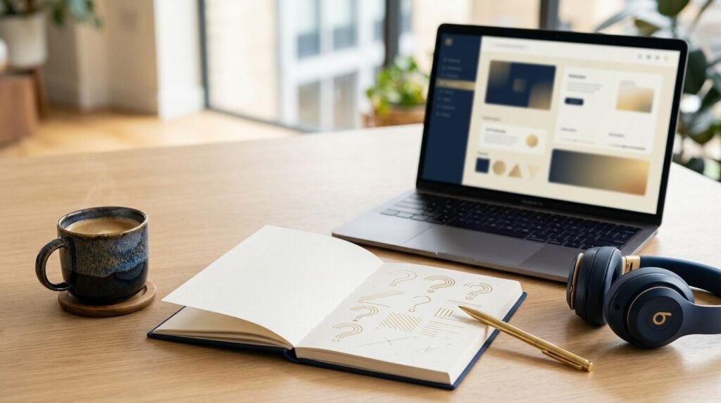 An open notebook, laptop, headphones, and coffee sit on a sunlit desk.