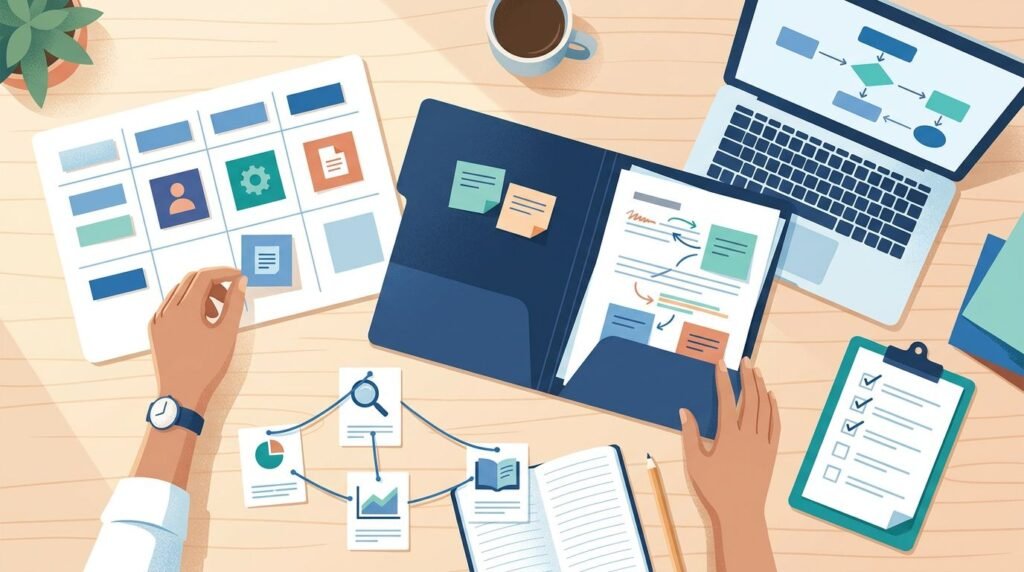Hands organize project documents, a checklist, evidence cards, and a laptop on a clean desk.