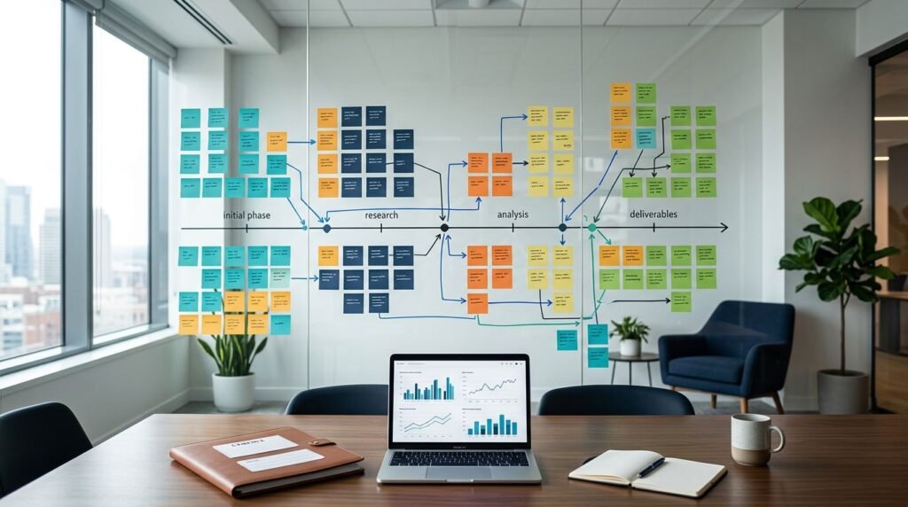 A meeting room with linked sticky notes, a project timeline, laptop, and evidence folders.
