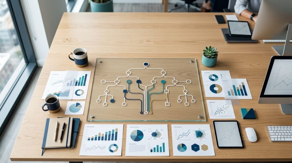 Glass board with a branching hypothesis tree surrounded by charts and data shapes.