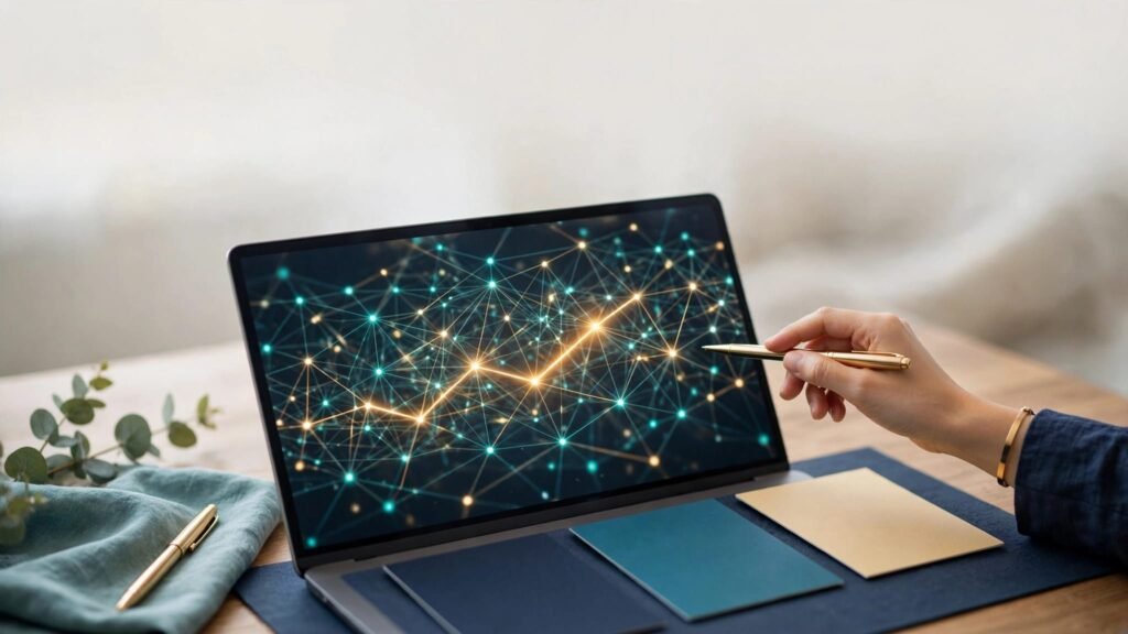Laptop showing connected website nodes beside content cards and a hand marking a route.