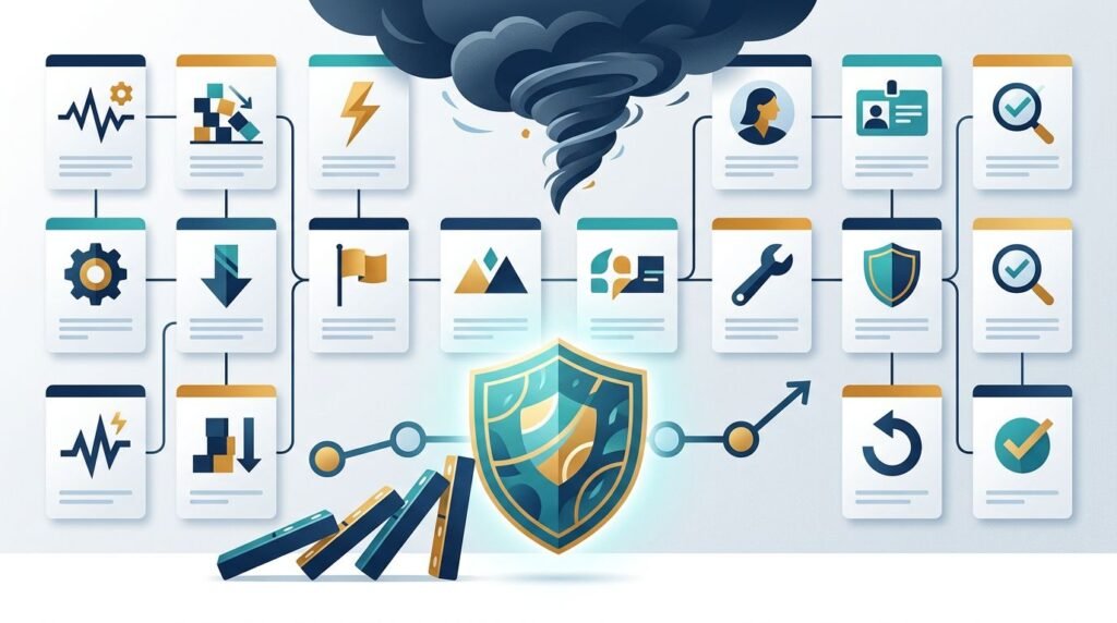 Interconnected risk cards surround a glowing shield protecting a project timeline.