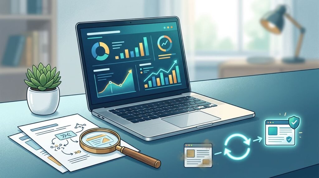 Laptop with charts, documents, magnifying glass, plant, and a glowing refresh symbol.