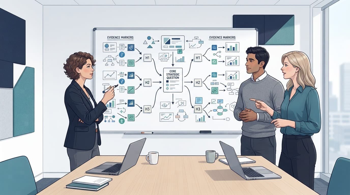 Three consultants review a branching workflow on a whiteboard.