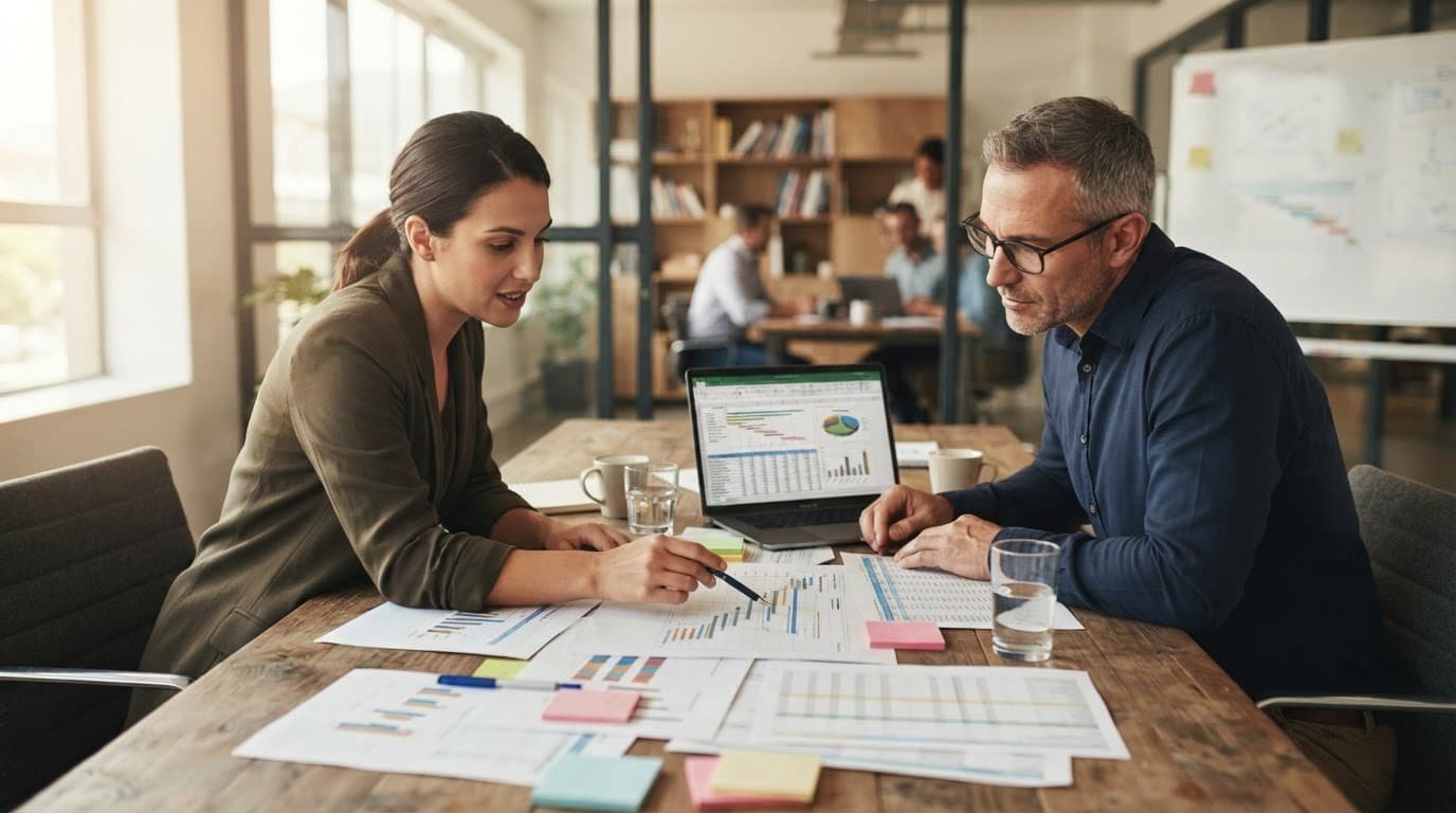 Two professionals review project plans and spreadsheets at a wooden office table.