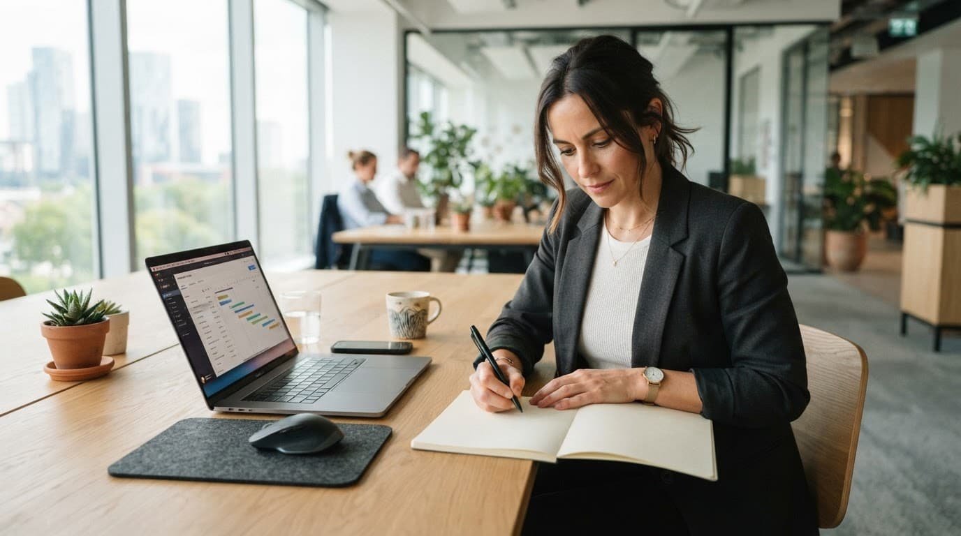 Project manager writing beside a laptop at a wooden desk in a bright office.