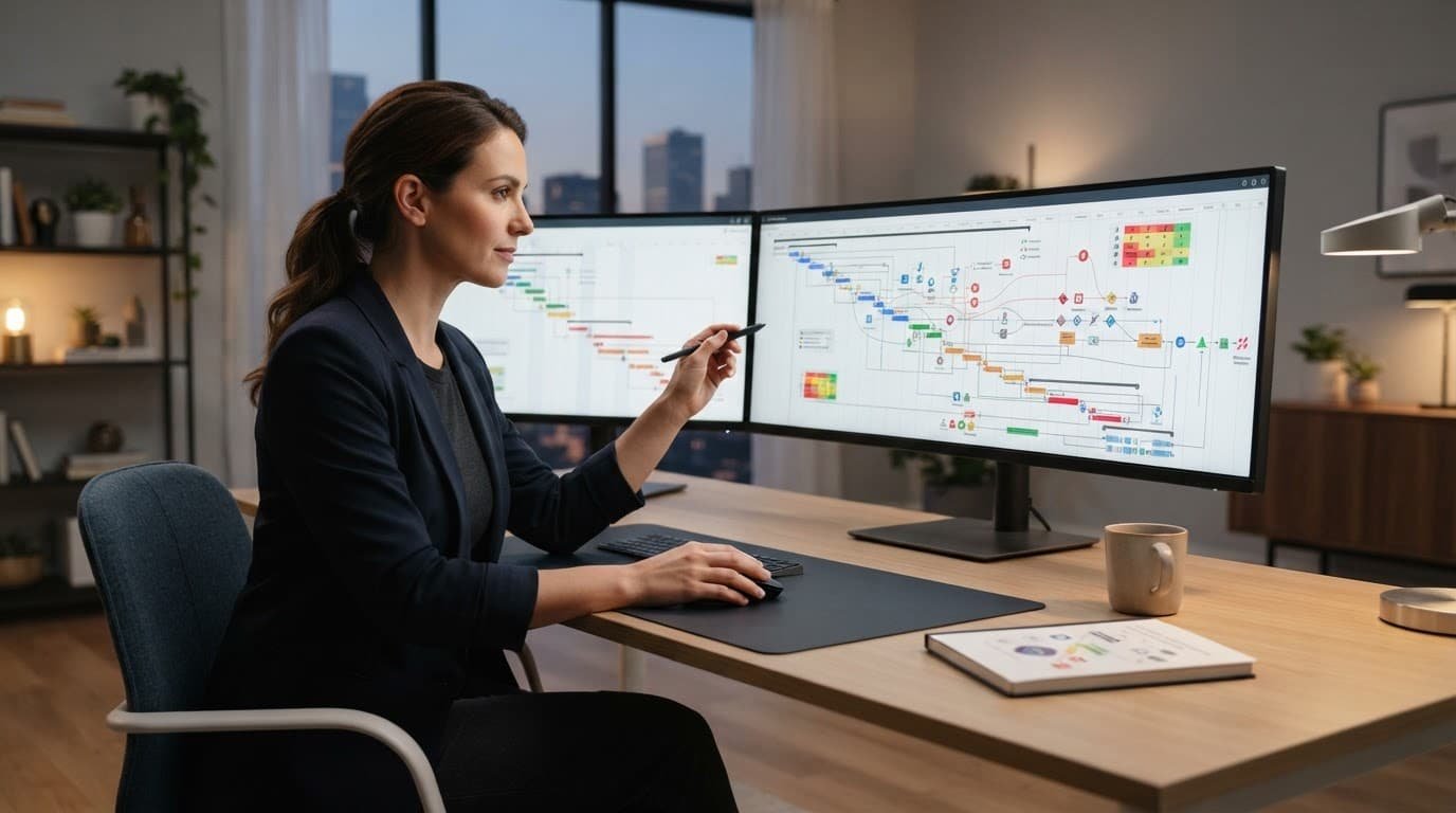 Consultant reviewing a project timeline on a monitor in a minimalist office.