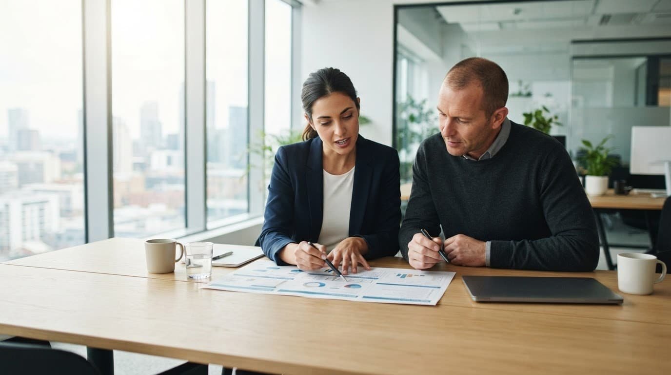 Two professionals review a project scope document at a bright conference table.