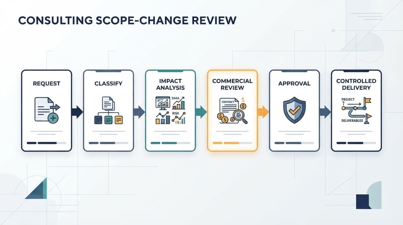 Six connected cards show a scope-change process from request through controlled delivery.