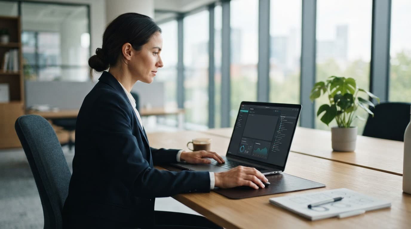A professional works at a laptop in a bright minimalist office.