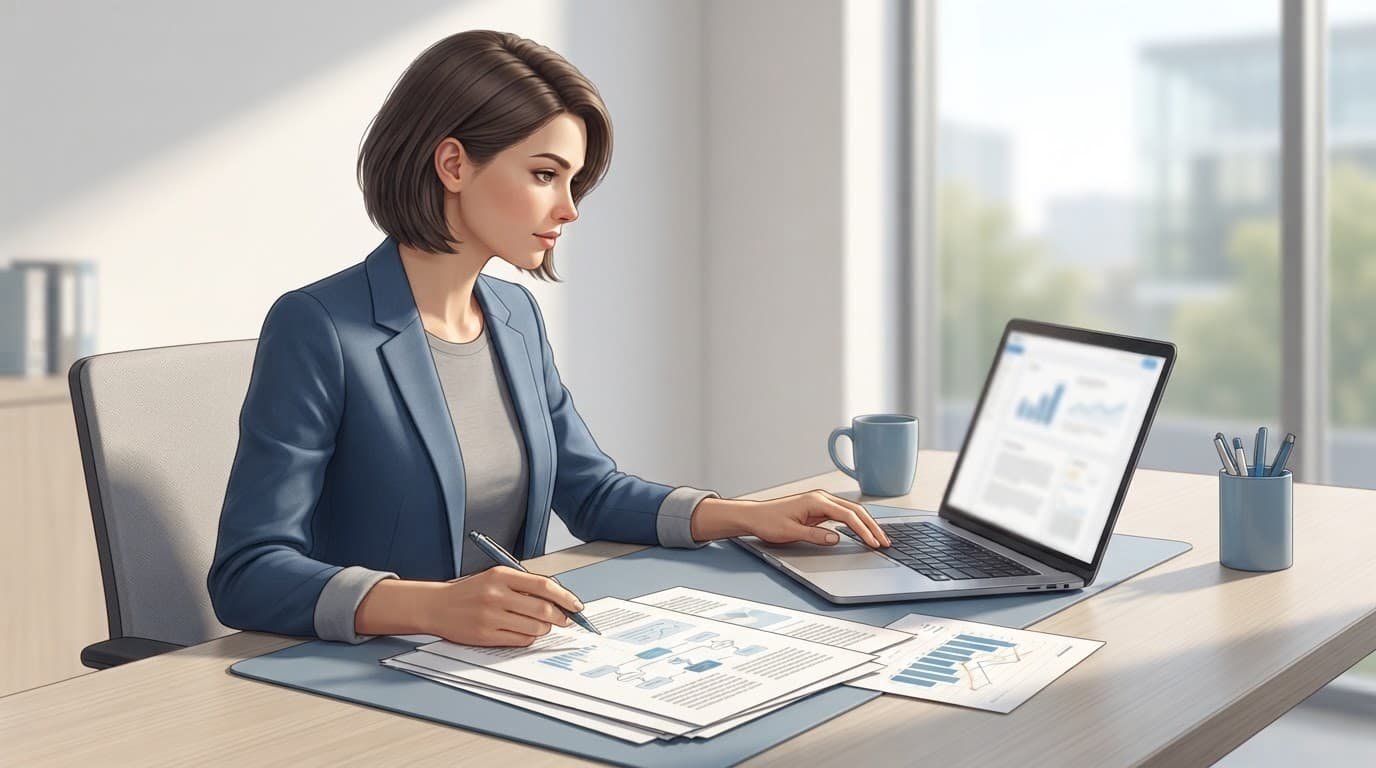 An SEO professional reviews a laptop beside printed pages and an analytics chart.