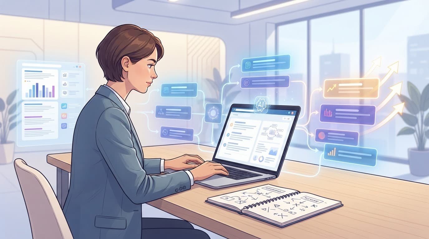 An SEO strategist reviews a laptop beside topic cards and a notebook.