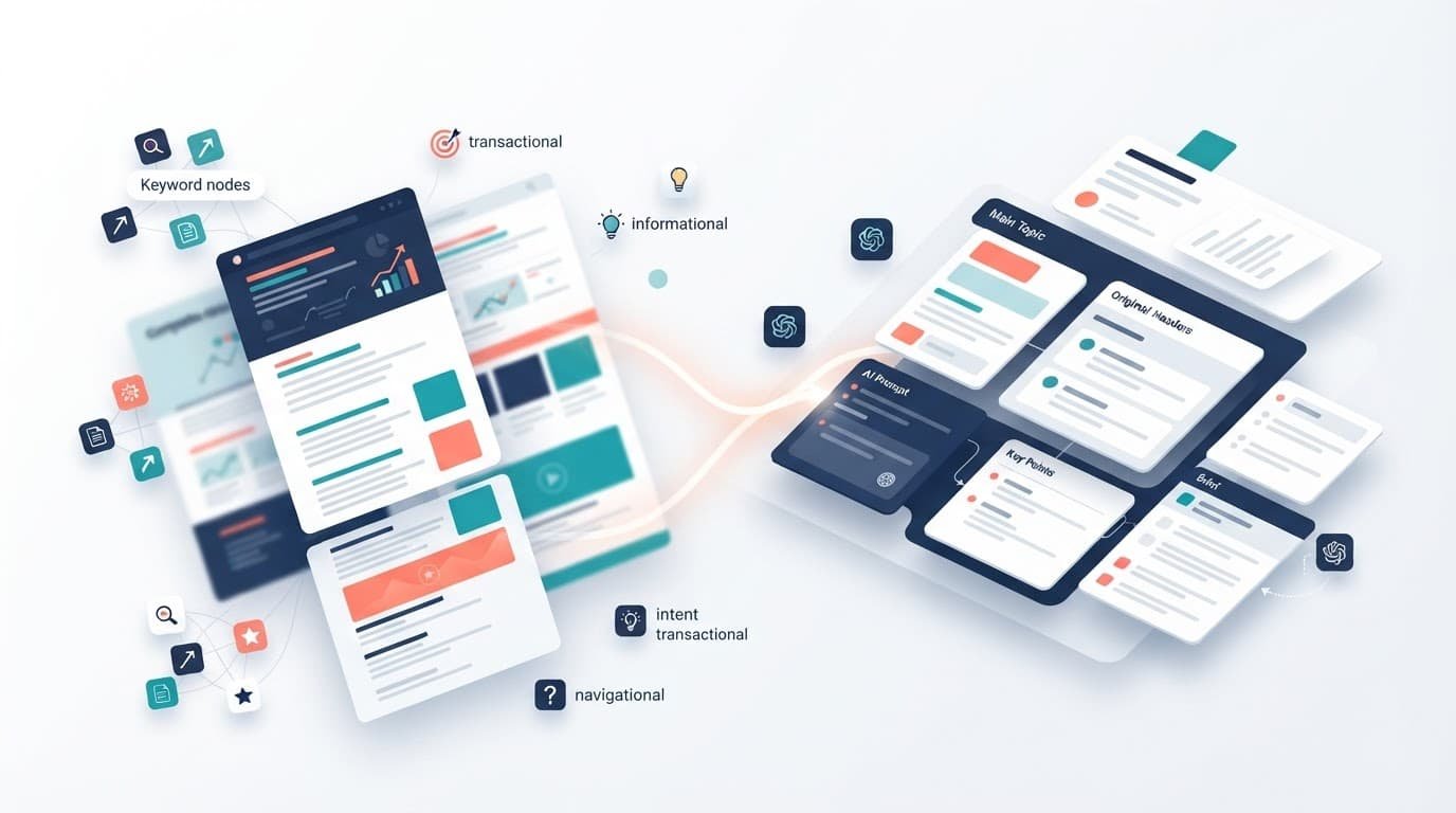 Abstract search-result panels lead through keyword clusters to a focused content outline.