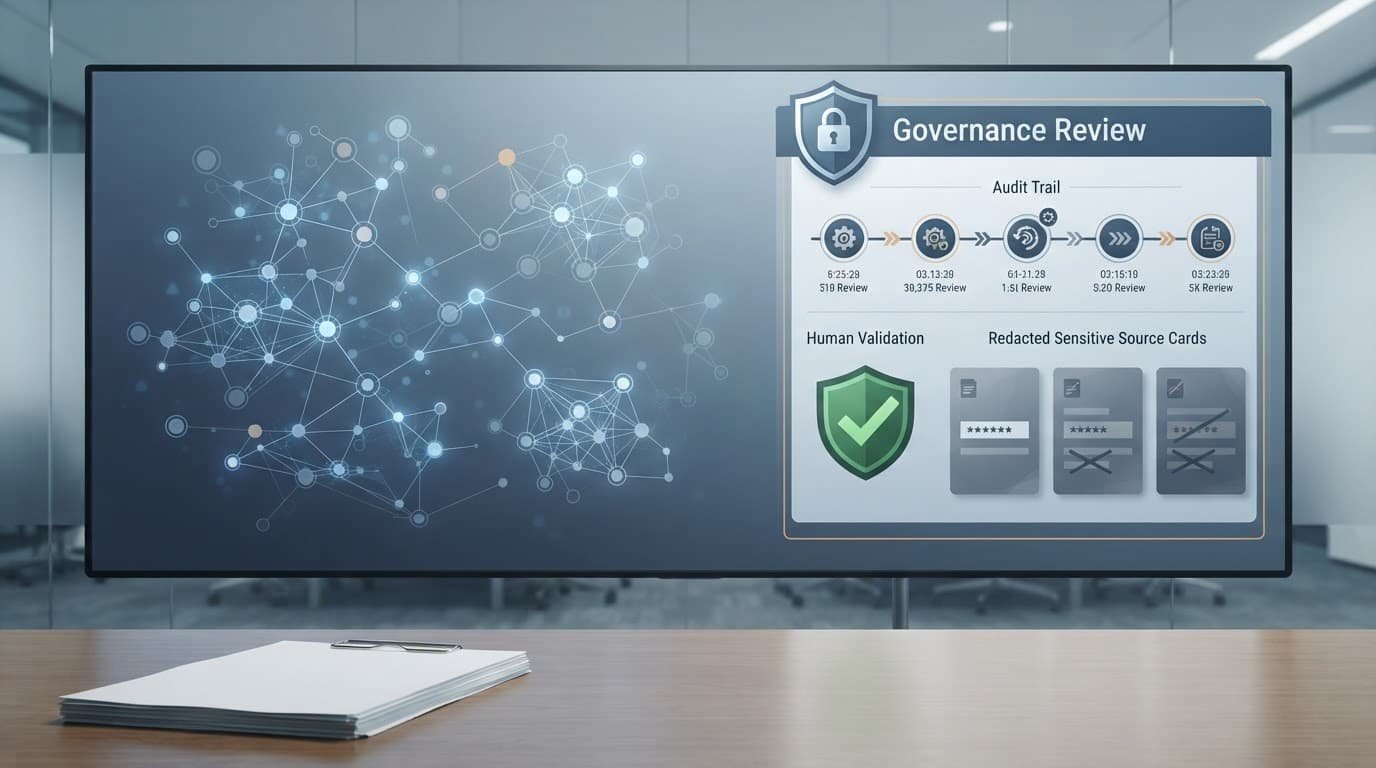 A stakeholder network map beside privacy, audit, review, and redacted source controls.