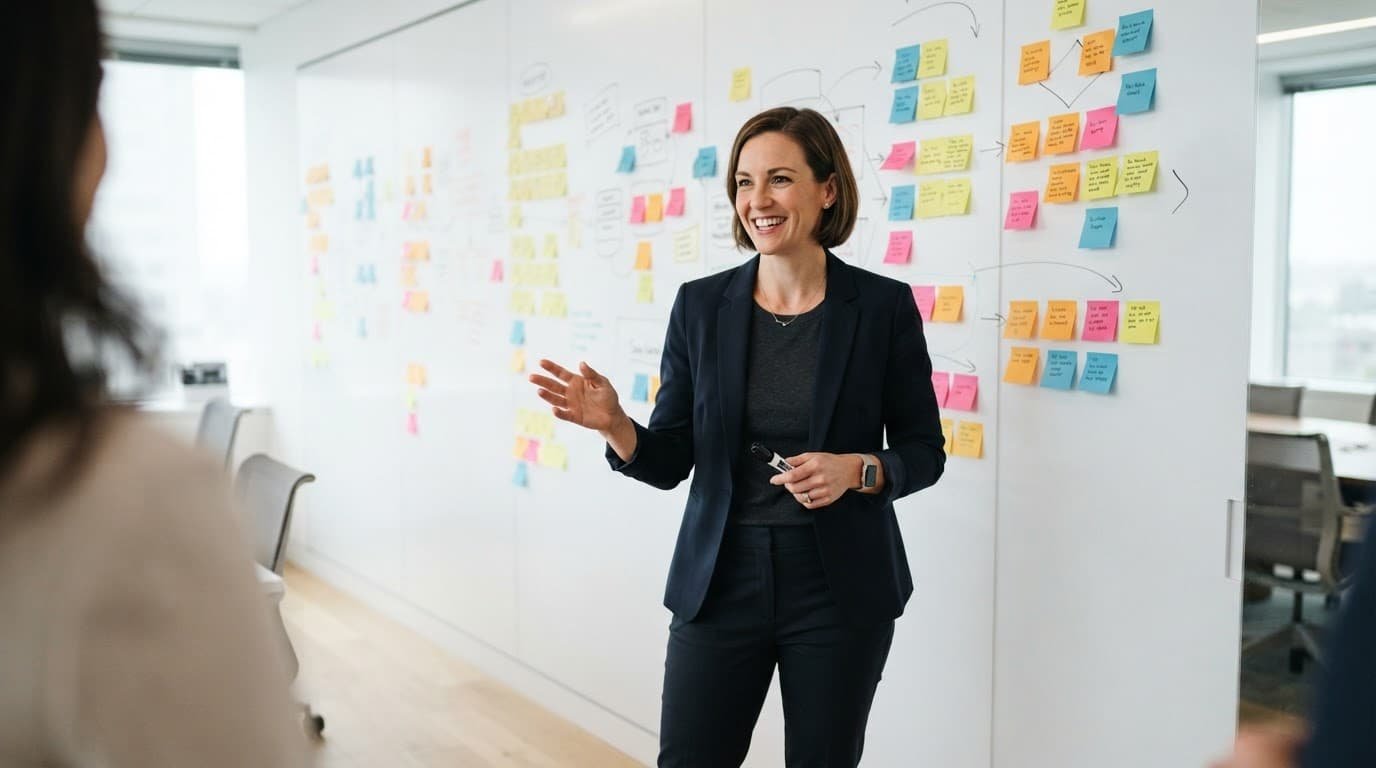 Facilitator with a marker stands beside colorful sticky notes.