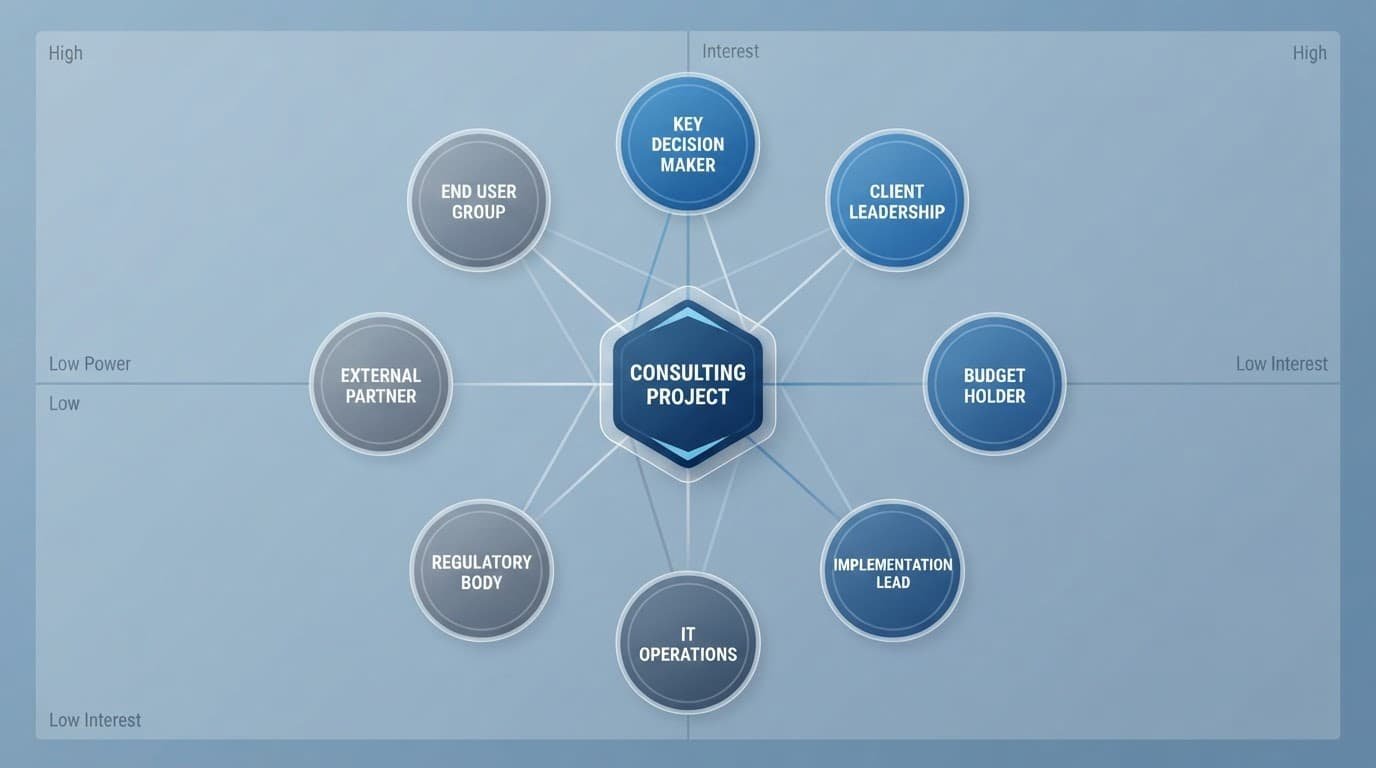 A central project node connects eight stakeholders in a structured blue framework.