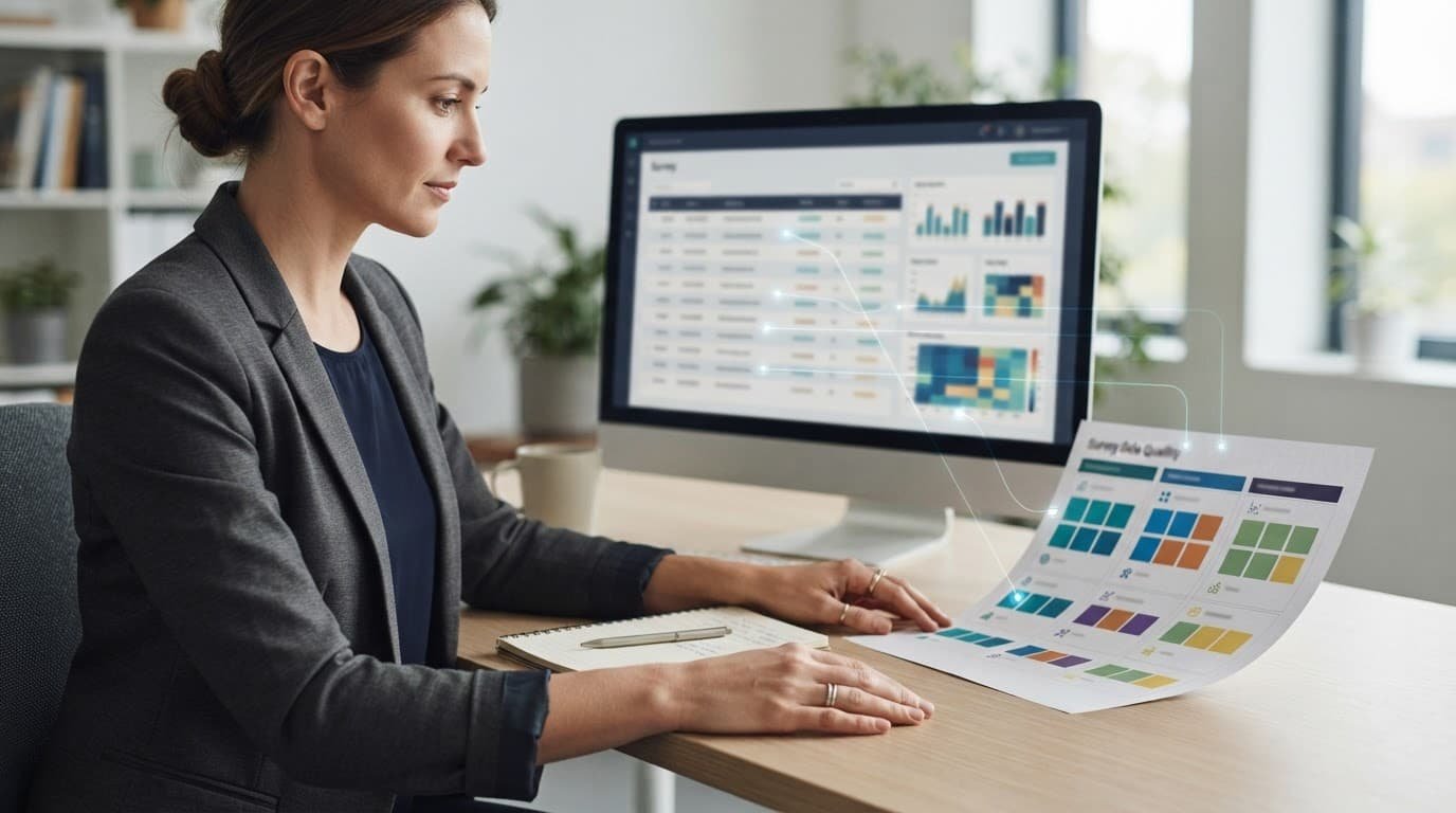 Analyst reviewing blurred survey data beside color-coded theme cards.
