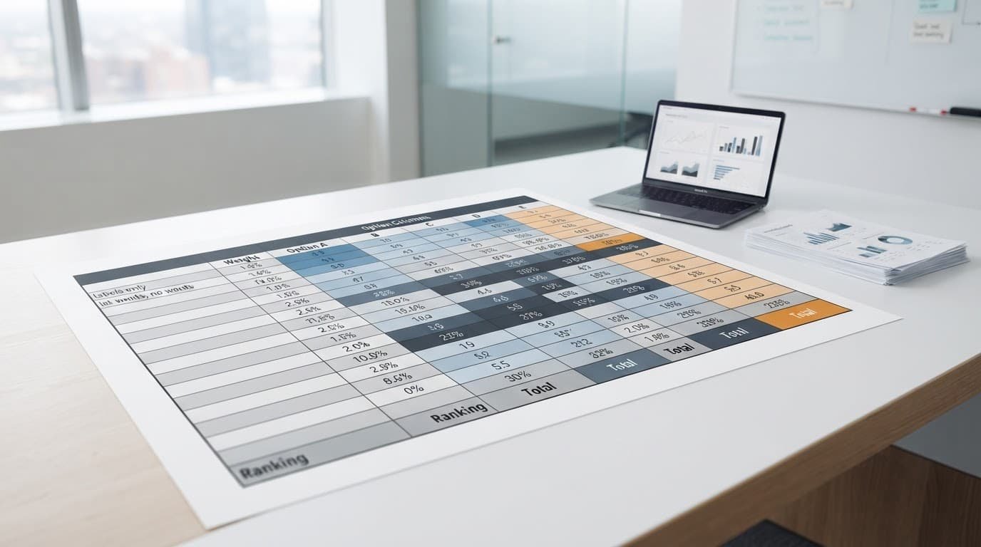 A weighted decision matrix with highlighted cells on a white office table beside papers and a laptop.