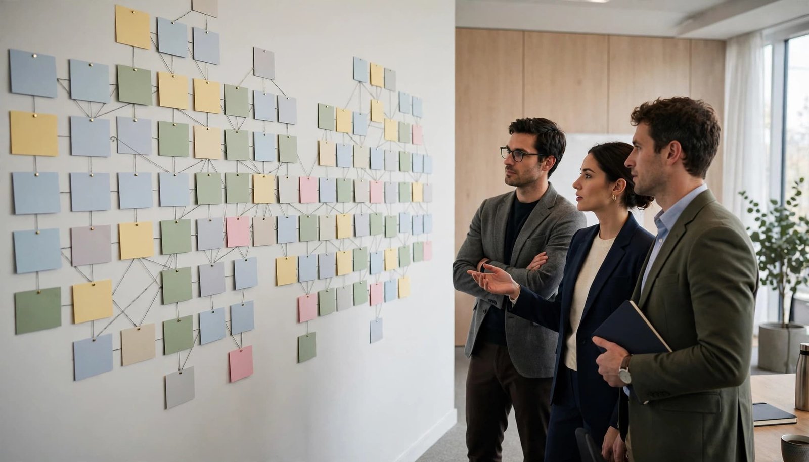 Three colleagues discuss a wall map of colored cards in a bright meeting room.