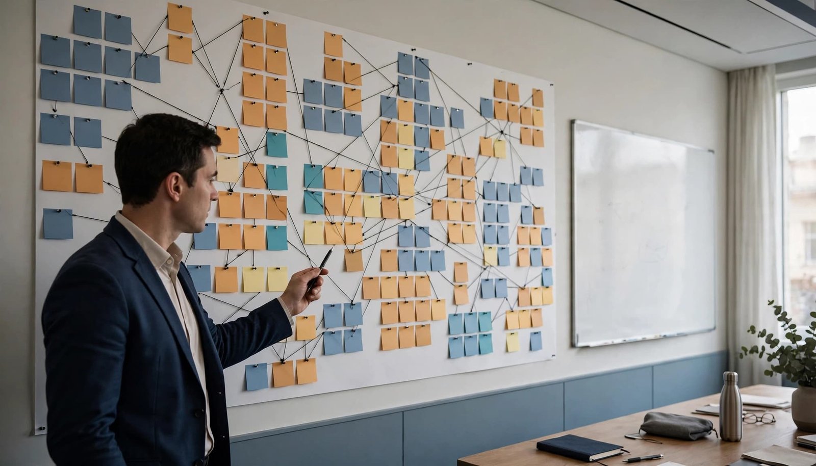 A consultant reviews colored cards on a wall-mounted assumption register in a project room.