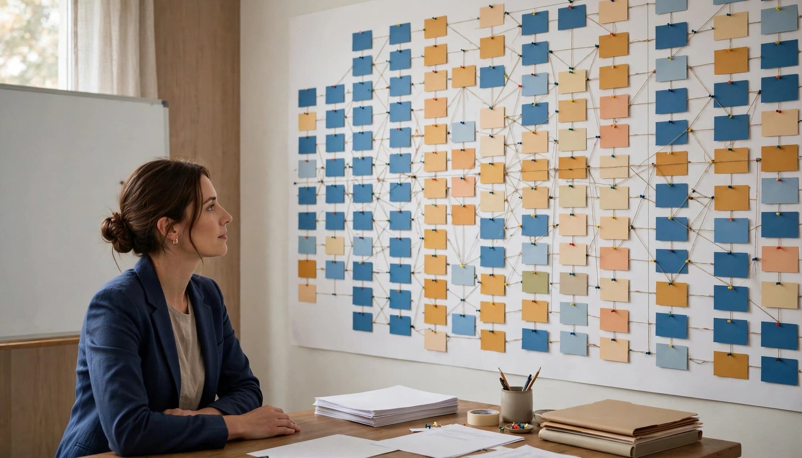 A consultant reviews a colorful workflow map beside a whiteboard and folders.