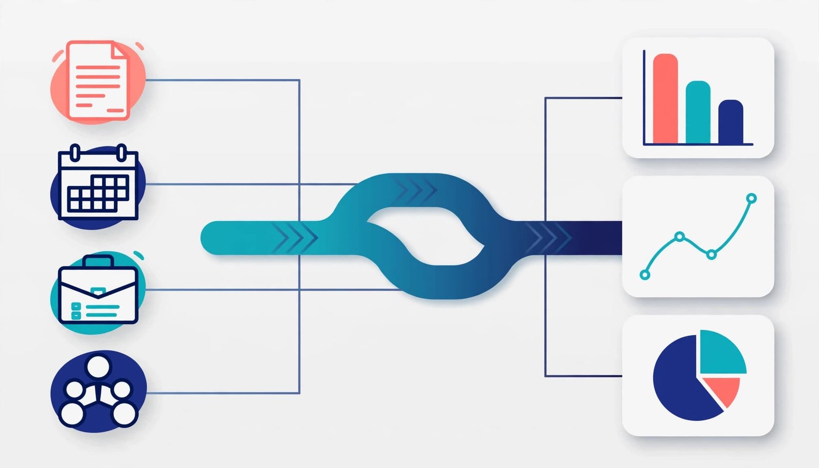 Icons for invoices, calendars, projects, and clients connect to three colorful charts.