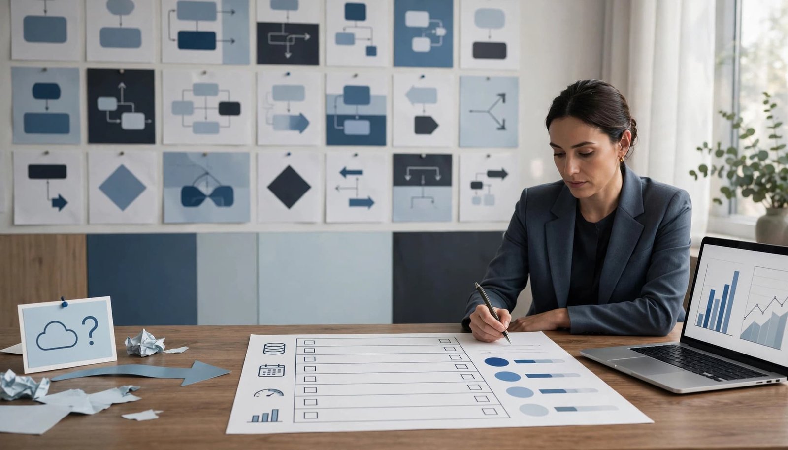 A consultant organizes data requests beside a laptop and flowchart cards.