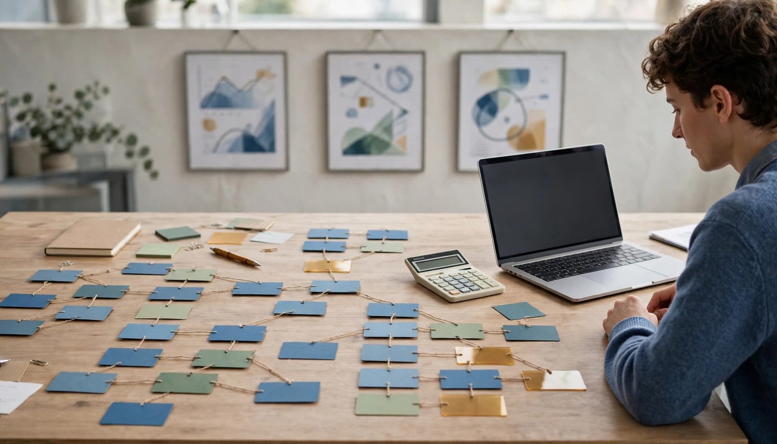 An analyst arranges colored cards beside a calculator and laptop on a large desk.