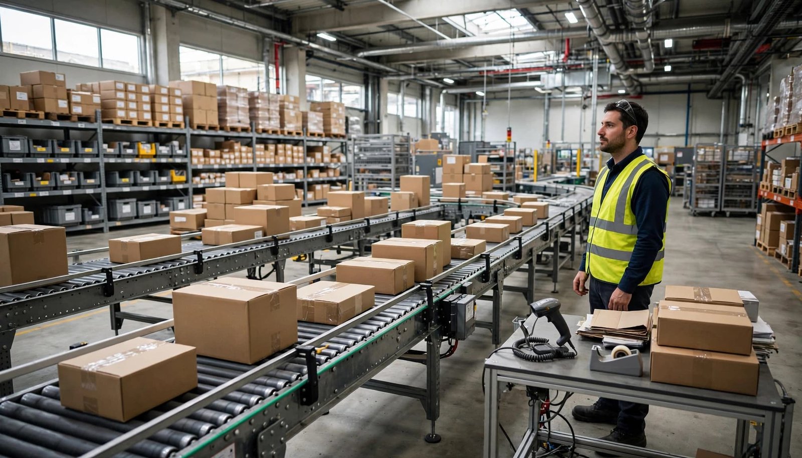 A manager watches parcels move along an orderly conveyor in a bright distribution center.