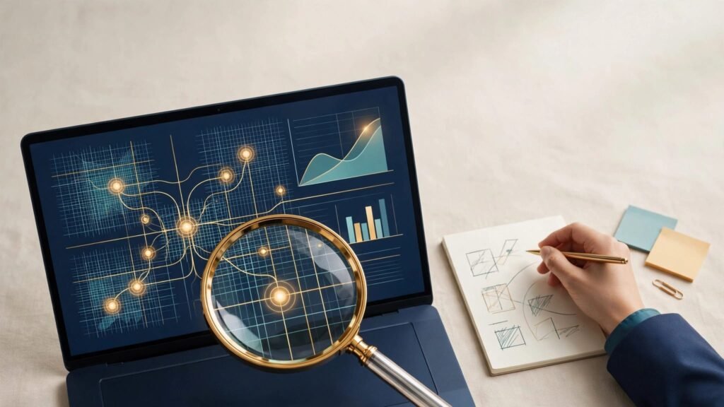 Laptop showing charts and spreadsheet grids beside a magnifying glass and analyst notes.