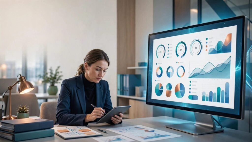 Consultant reviewing a tablet beside a monitor with colorful business charts.
