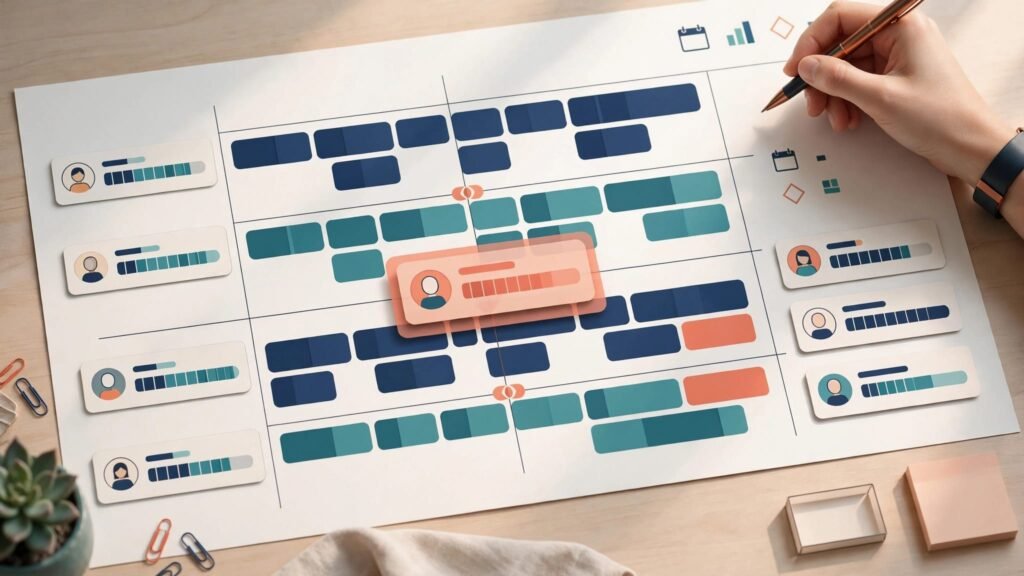 A consultant card overlaps two project timelines while a reviewer holds a pen.