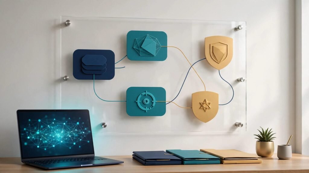 A clear board links project requirements, designs, tests, and compliance items beside a laptop.