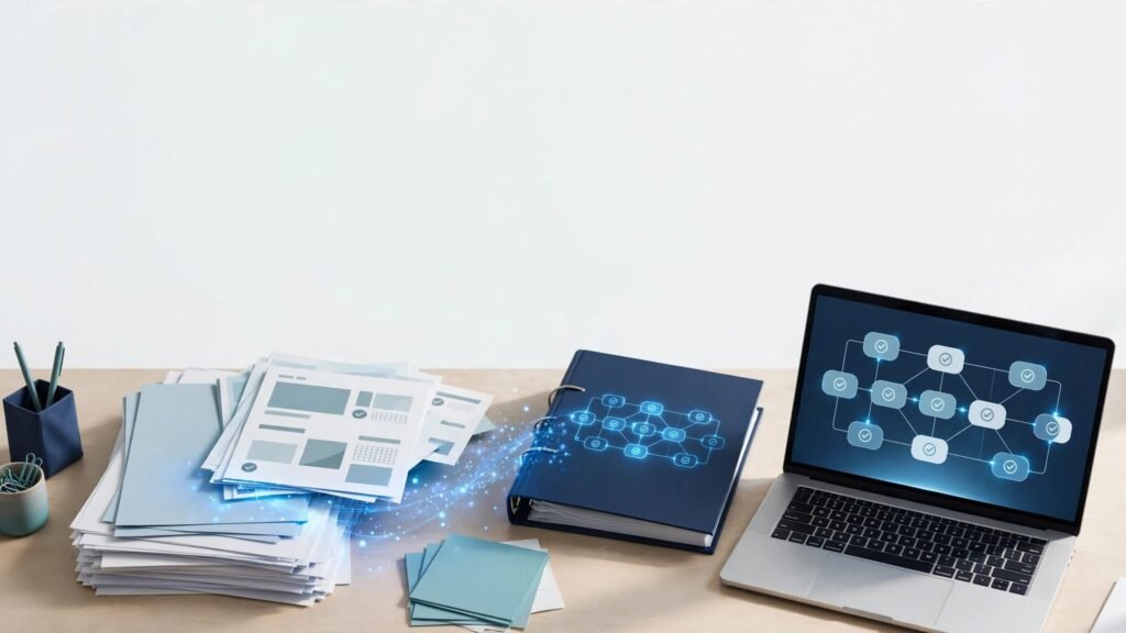 Organized client documents sit beside a laptop displaying a connected workflow.
