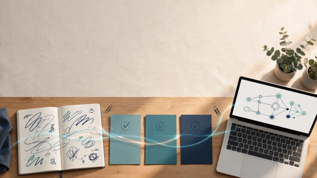 Notebook, task cards, and laptop arranged on a warmly lit office desk.