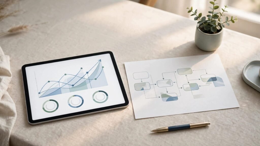 A tablet with rising trend shapes sits beside a roadmap, pen, and small plant.