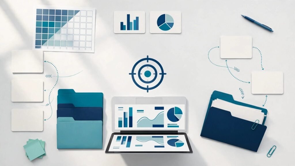 Overhead desk with a laptop, charts, folders, and connected cards around a target icon.