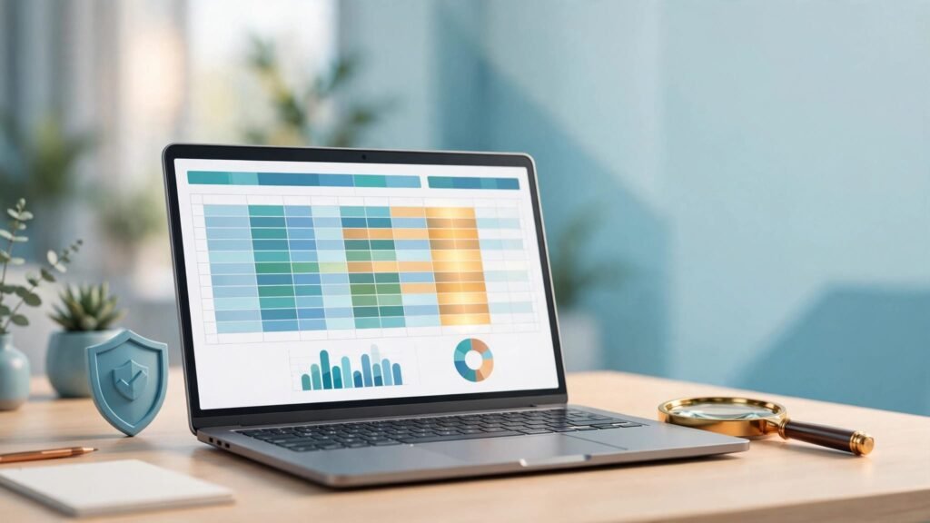 Laptop showing a colorful spreadsheet with duplicate rows beside a magnifying glass and shield.