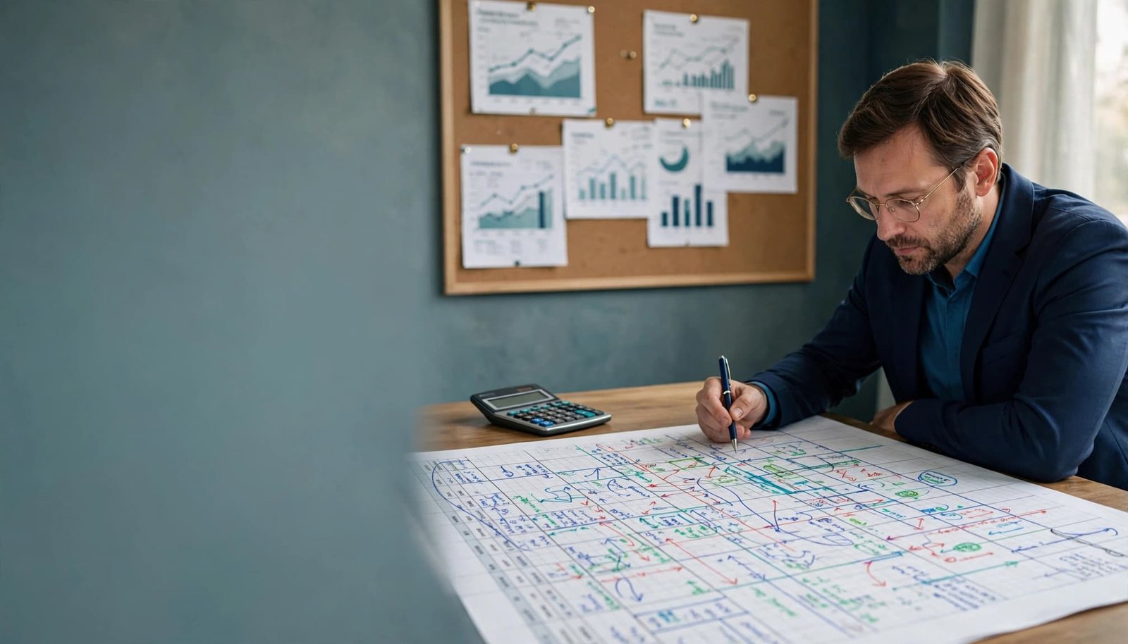 A finance consultant reviews a marked spreadsheet beside a calculator in an office.