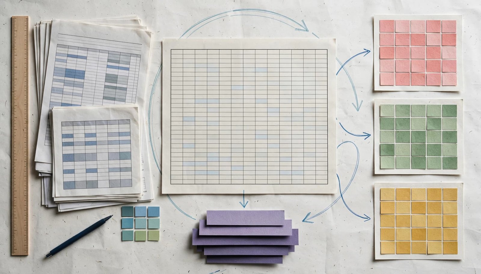 Overhead financial model with linked arrows, statement panels, a pen, and transaction papers.