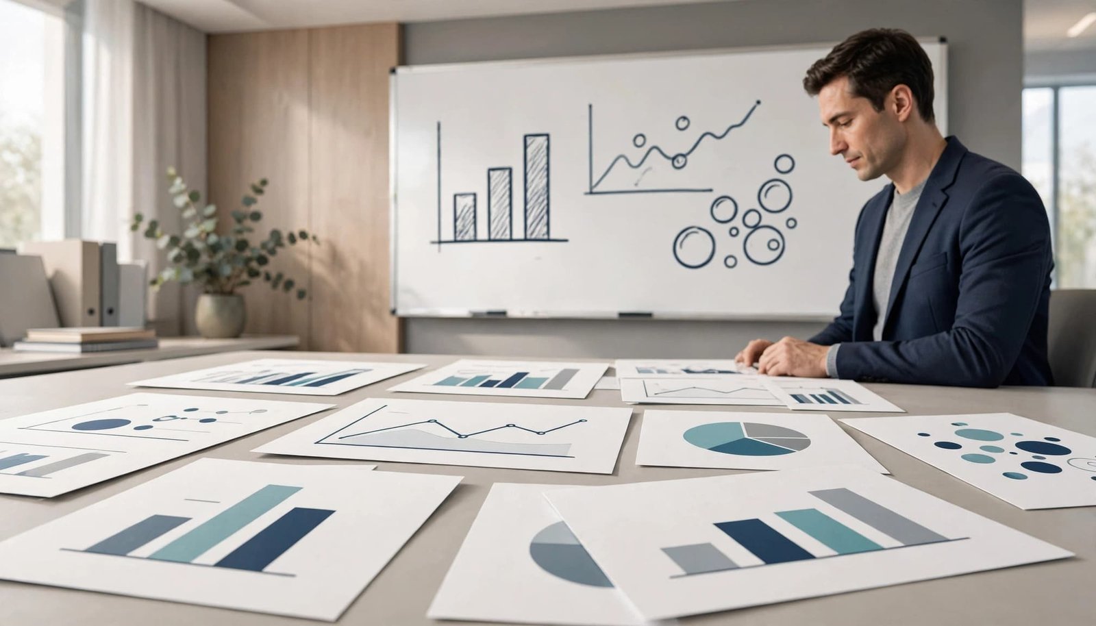 A consultant reviews metric cards beside a simple chart-covered whiteboard.