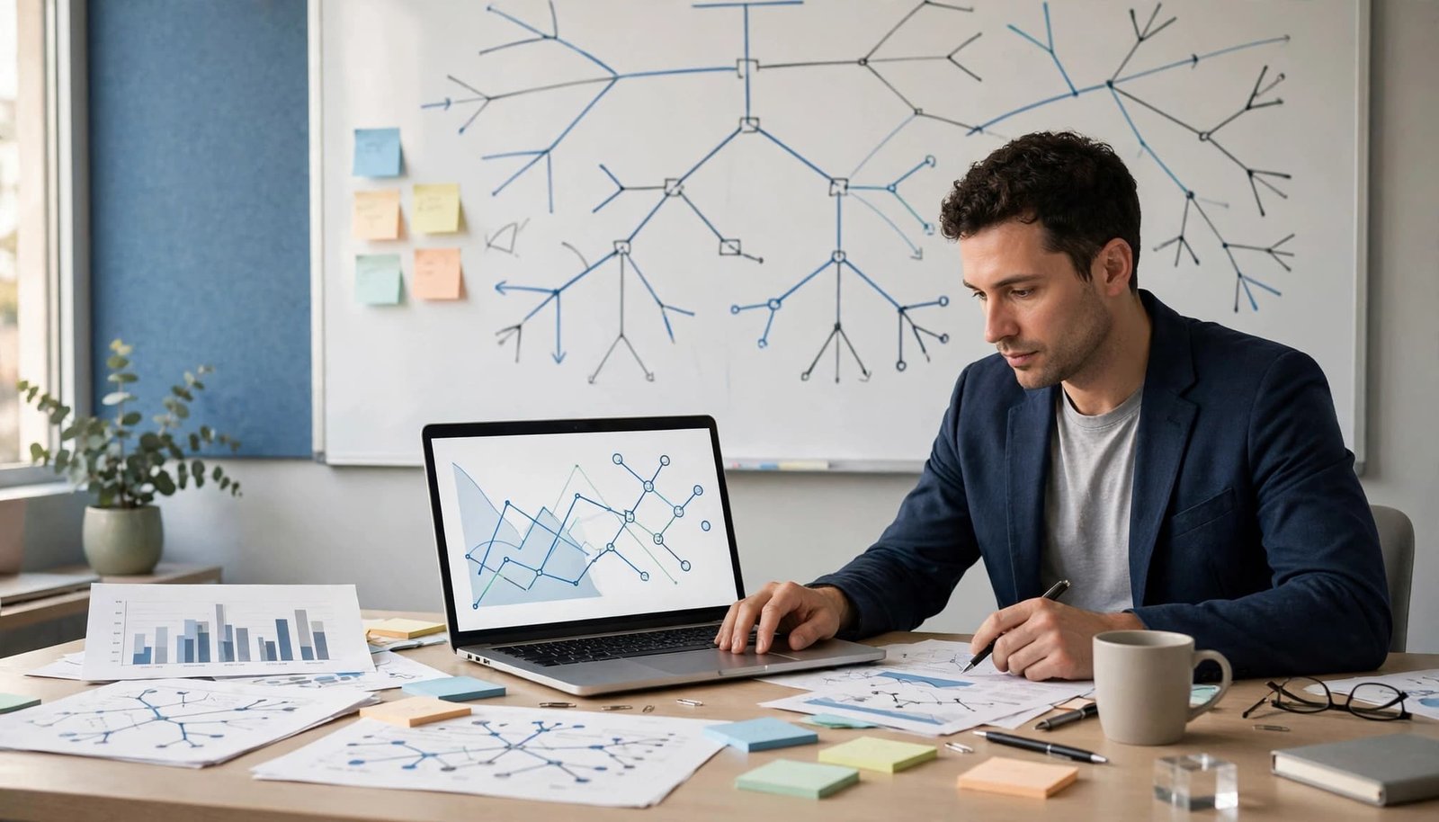 A consultant reviews charts and sticky notes beside a laptop in a quiet workroom.