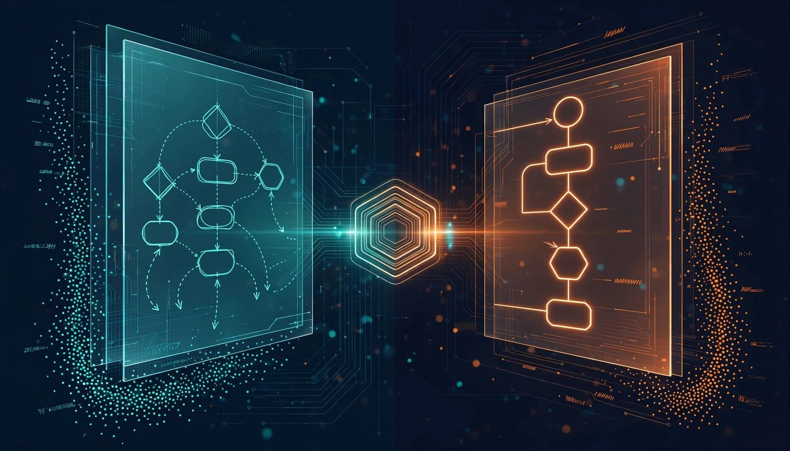 Transparent workflow panels connect to a glowing trail of system events.