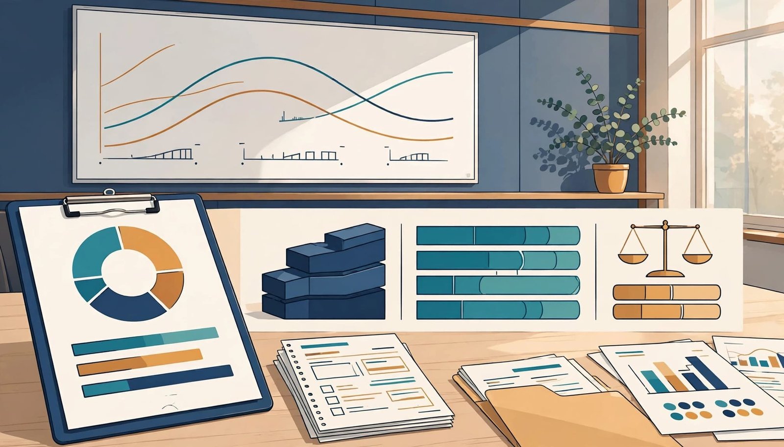 An illustrated modern meeting room with a whiteboard showing abstract curves and pricing charts.