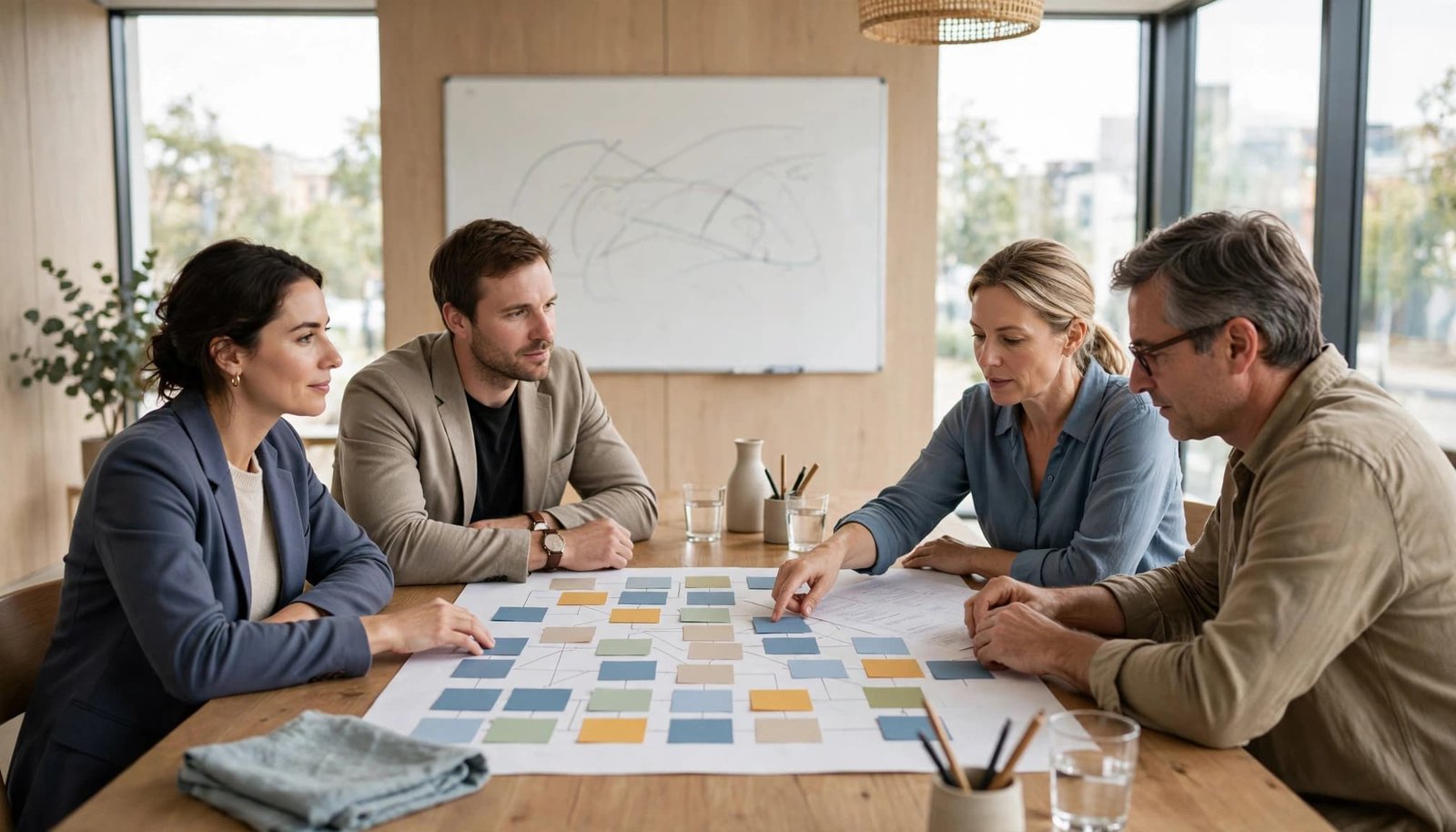 Four people share a paper workplan with colored milestone cards in a bright meeting room.