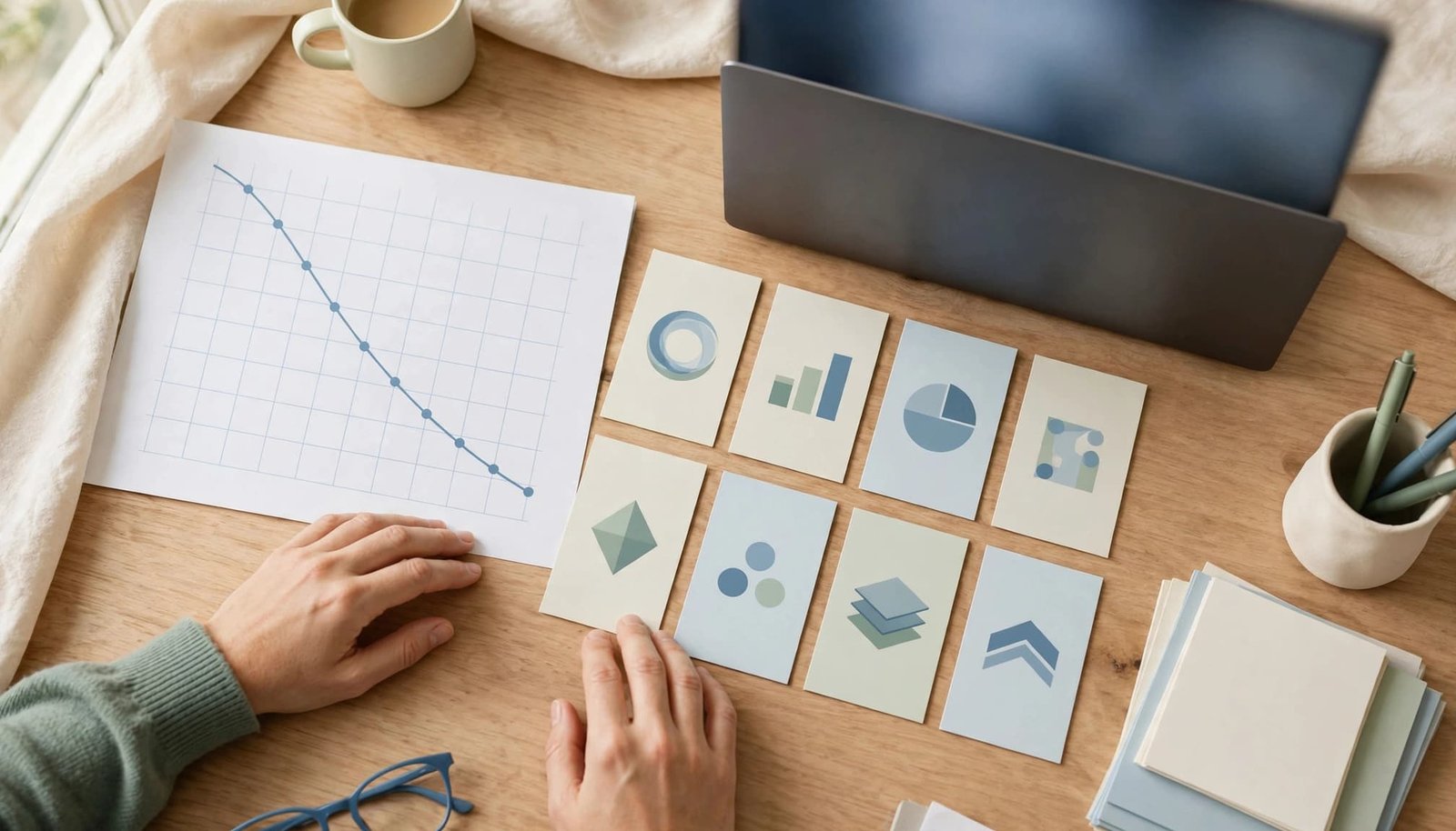 A person reviewing a printed line chart and deal cards on a wooden desk with a laptop.